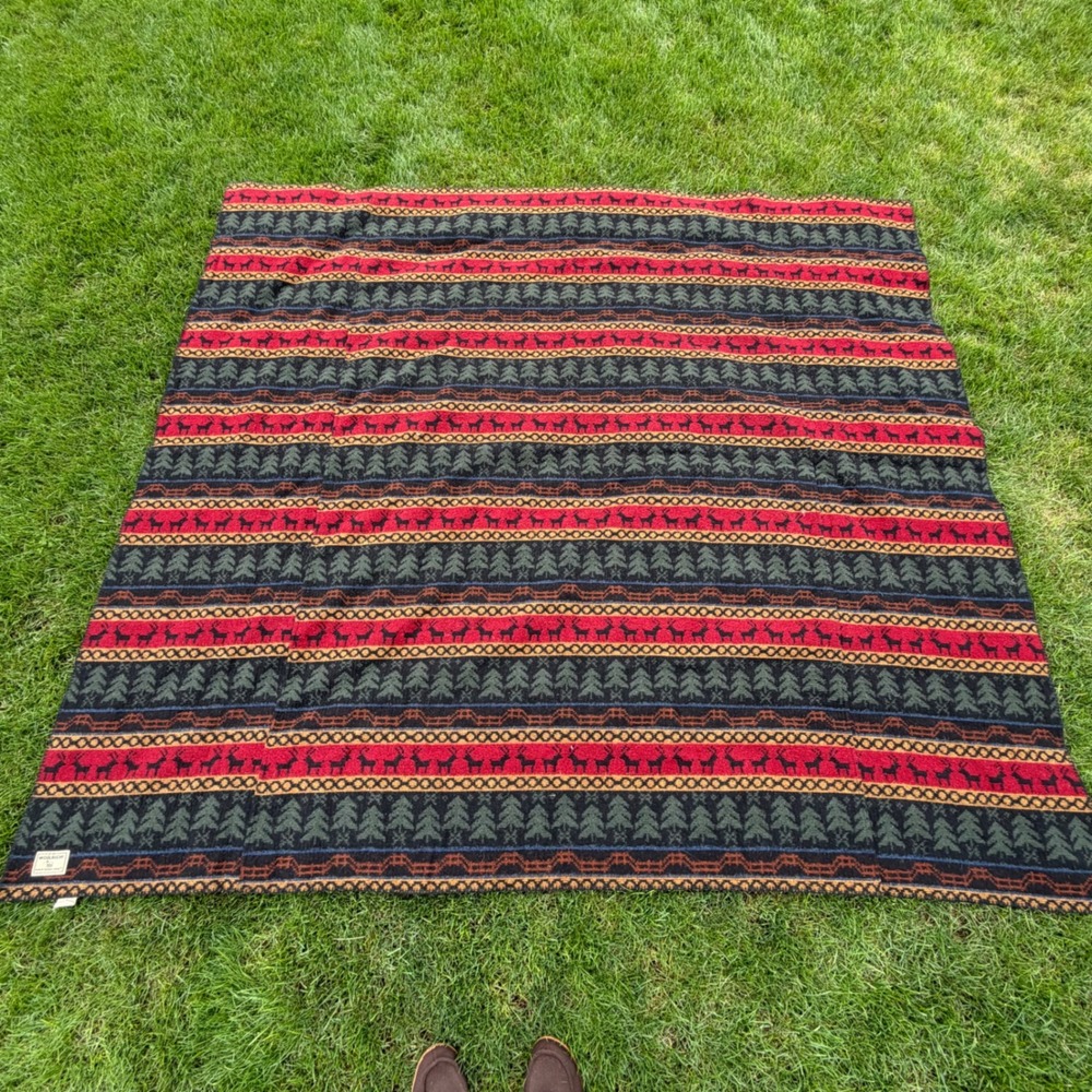 B- Woolrich Wool Blanket Lodge Deer Pine Tree Fair Isle Rustic Cabin 100x90 USA